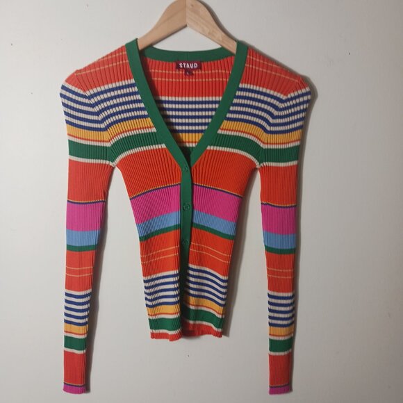 STAUD Cargo Cardigan, Ribbed Multi Color Stripes Stretch Knit, Size Small Fitted - Picture 12 of 15